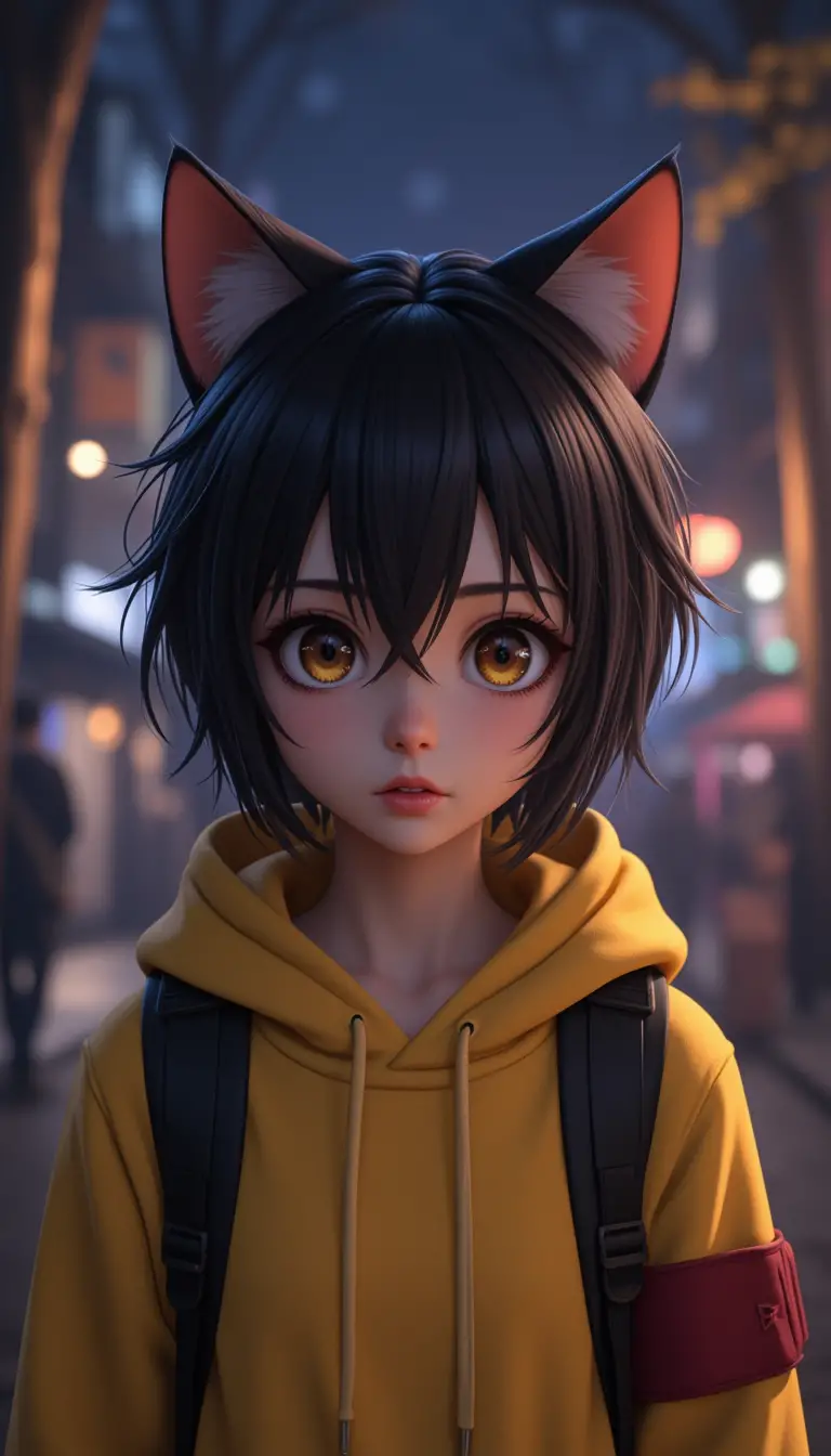 Curious anime cat girl in yellow hoodie in forest