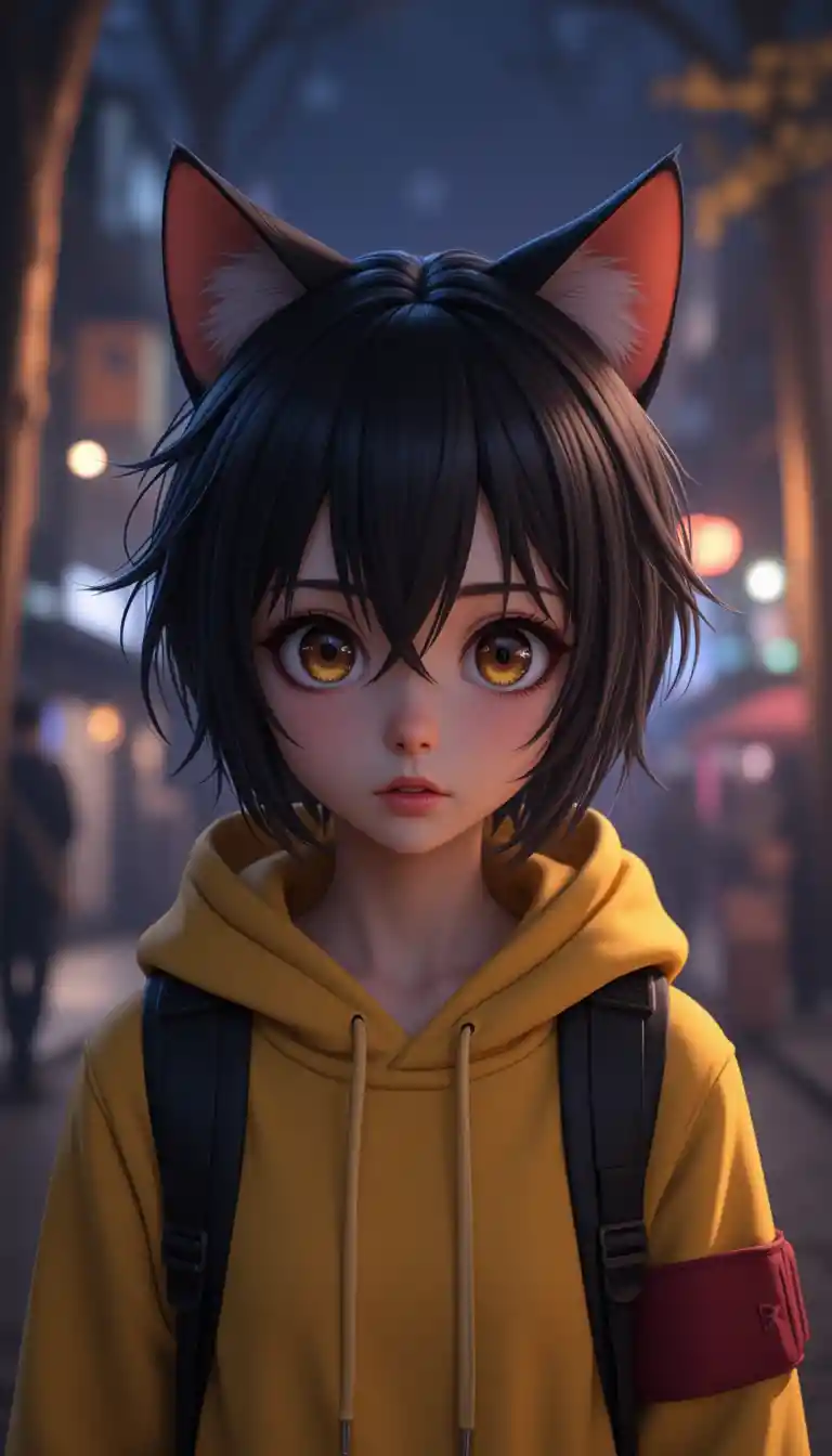 Ragazza gatto anime curiosa con felpa gialla nel bosco