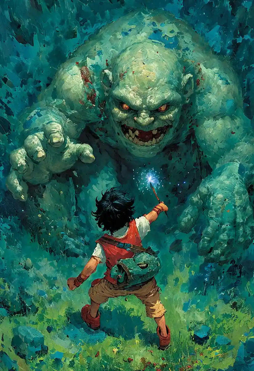 Piccolo ragazzo con bacchetta magica affronta un gigantesco troll di pietra