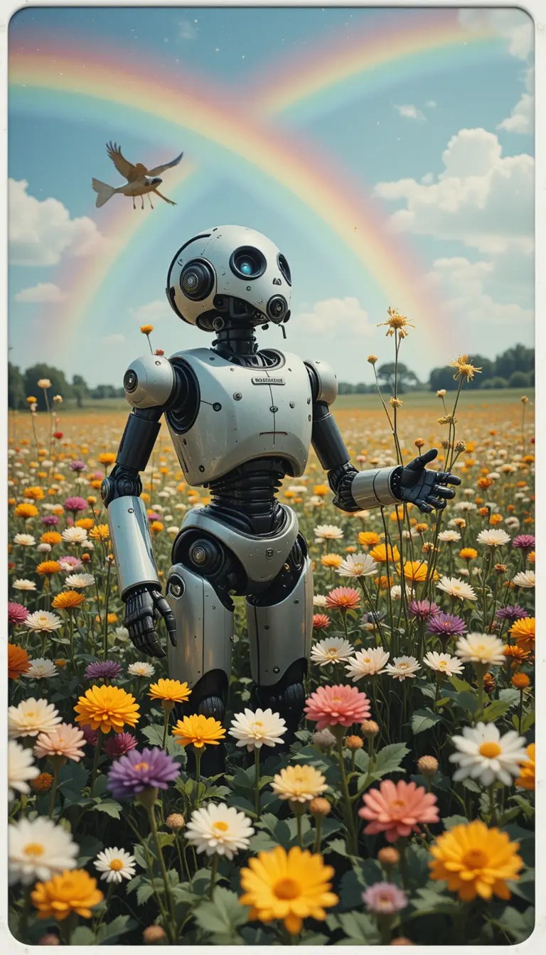 Robot amable recogiendo flores bajo un arcoíris brillante