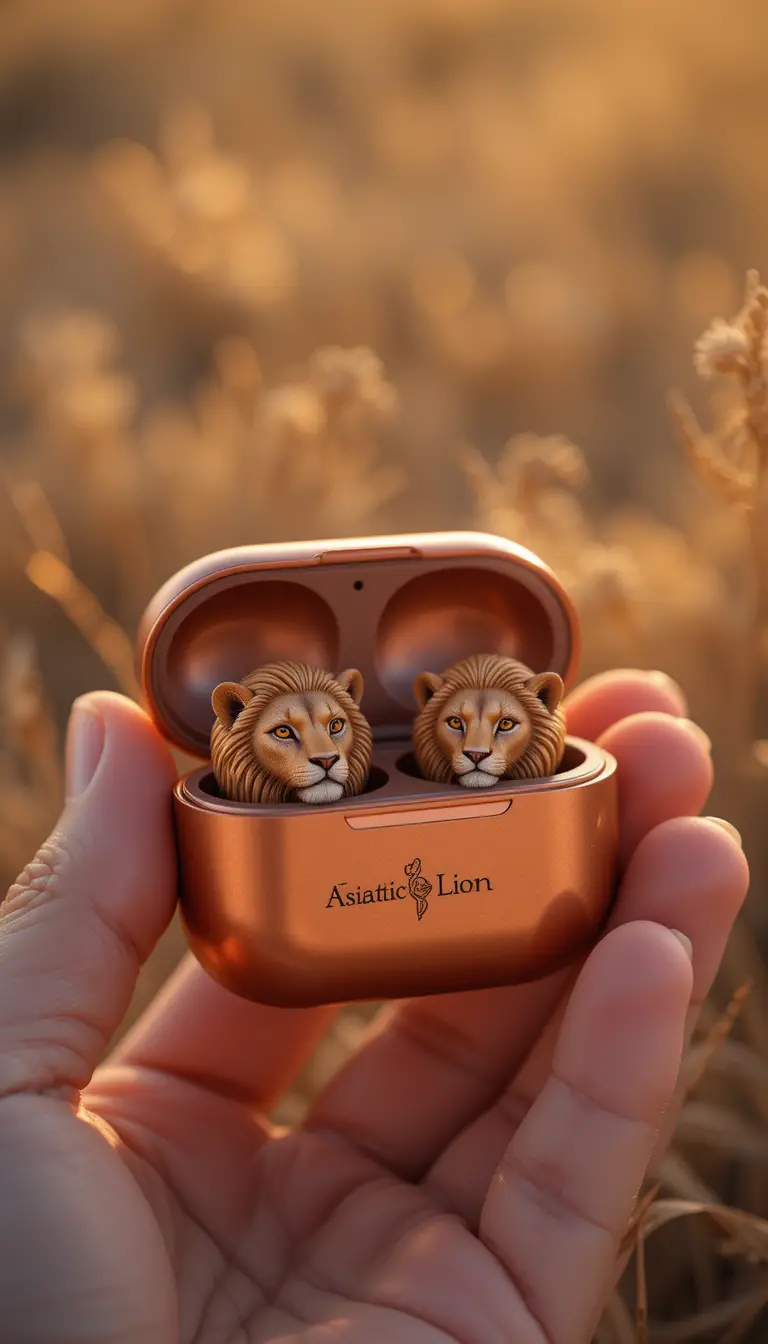 Asiatic lion earbuds in an open golden case at sunset