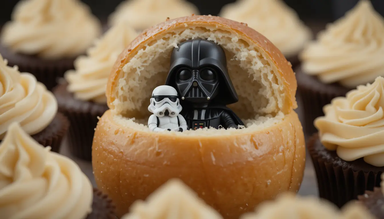 Tiny dark figures inside a bread bun with cupcakes
