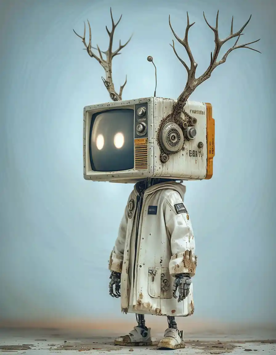 Robot with tv head in tattered lab coat and antlers