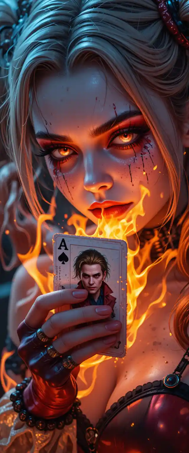 Fiery close up of a woman burning a joker card