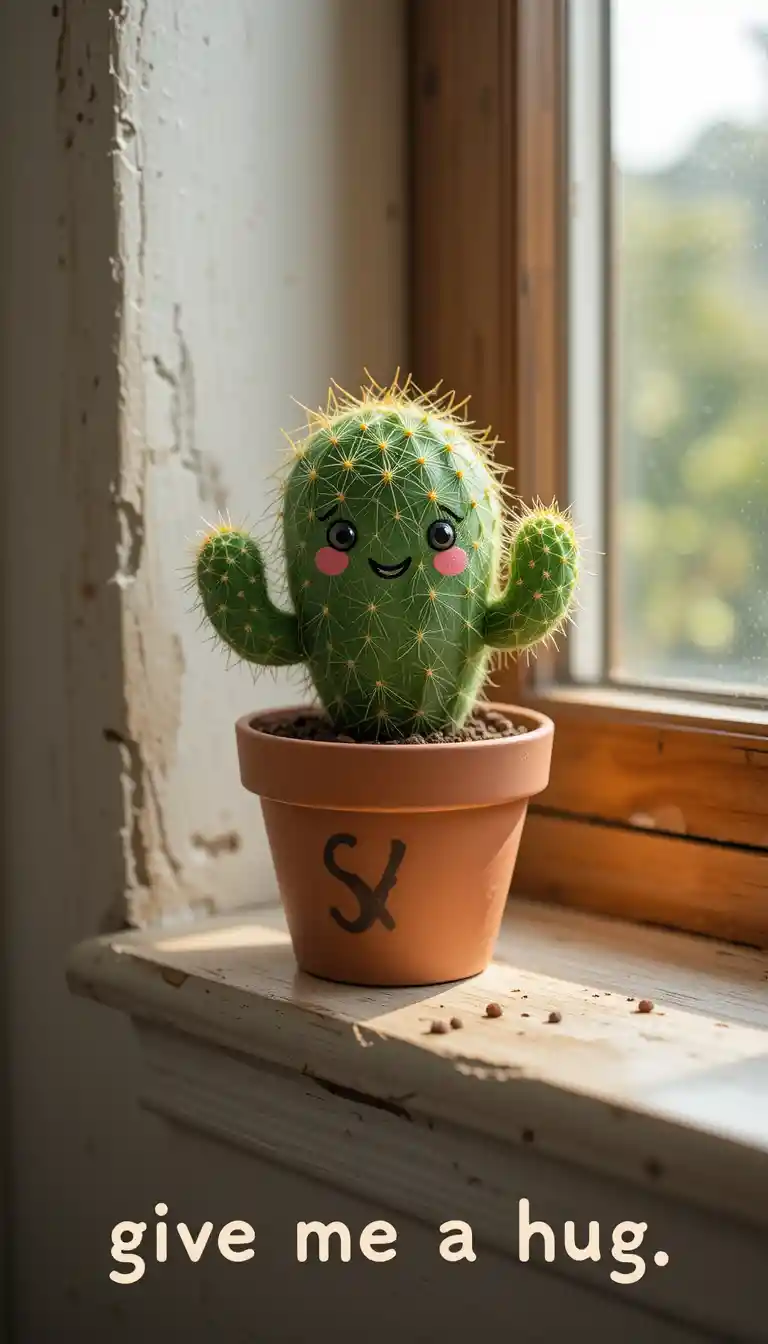 Cute little cactus standing on a bright windowsill