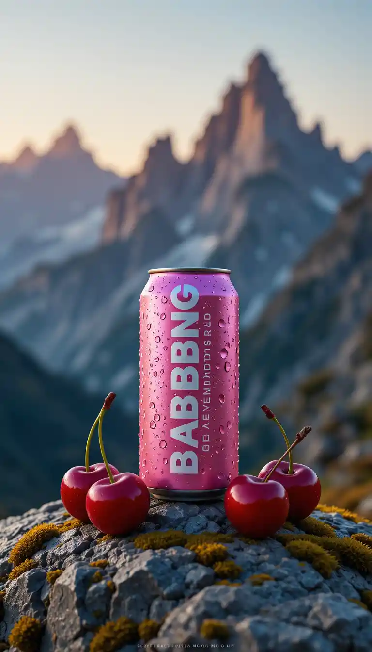 Pink energy drink can with cherries in mountain sunset
