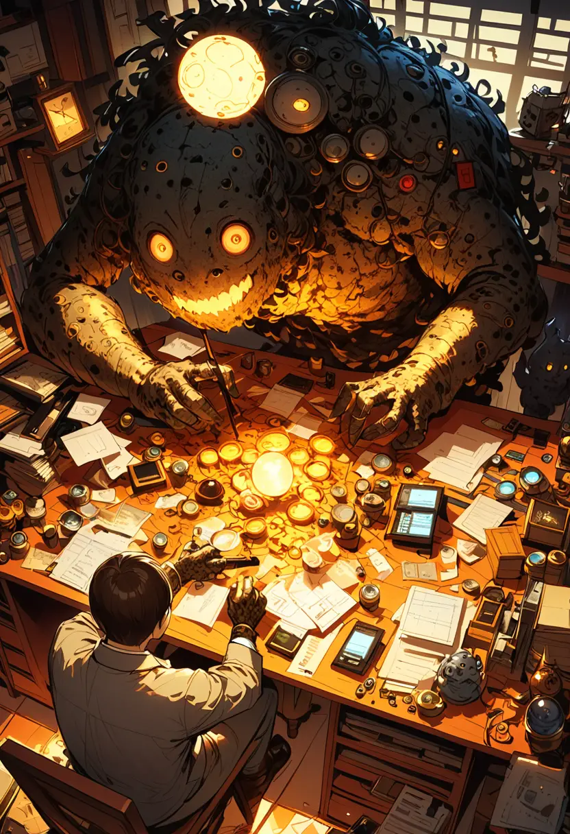 Monster And Man Working In A Dim Cluttered Office