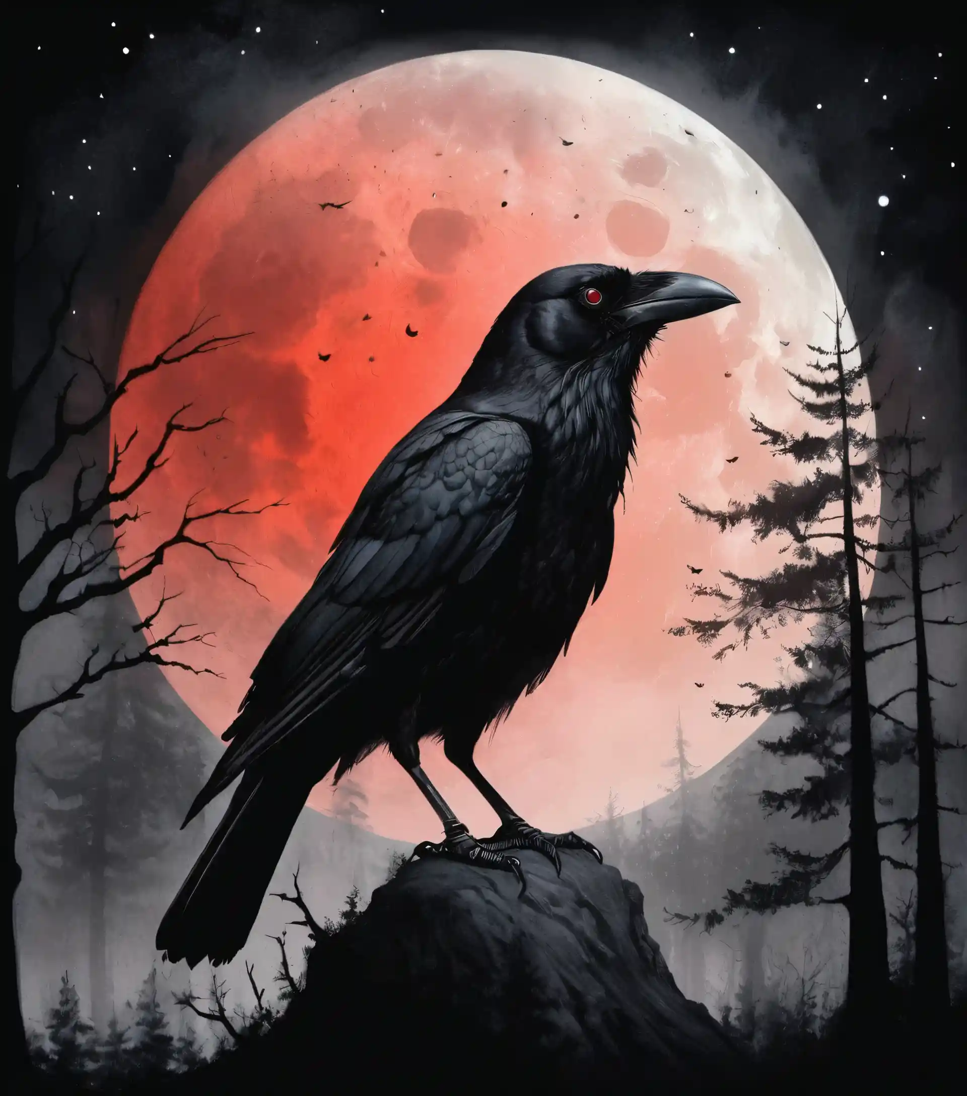 Low angle crow beneath a blood red moon