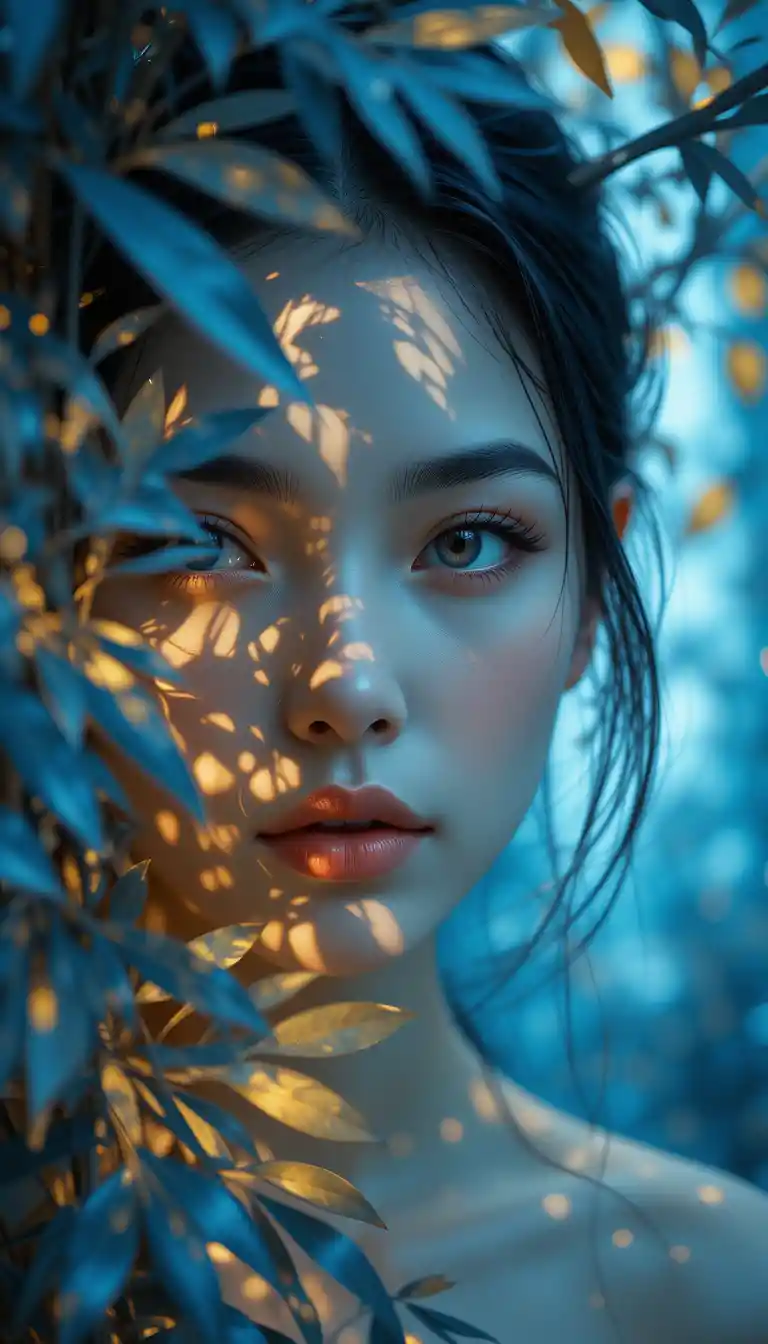 Woman portrait with blue foliage and golden light