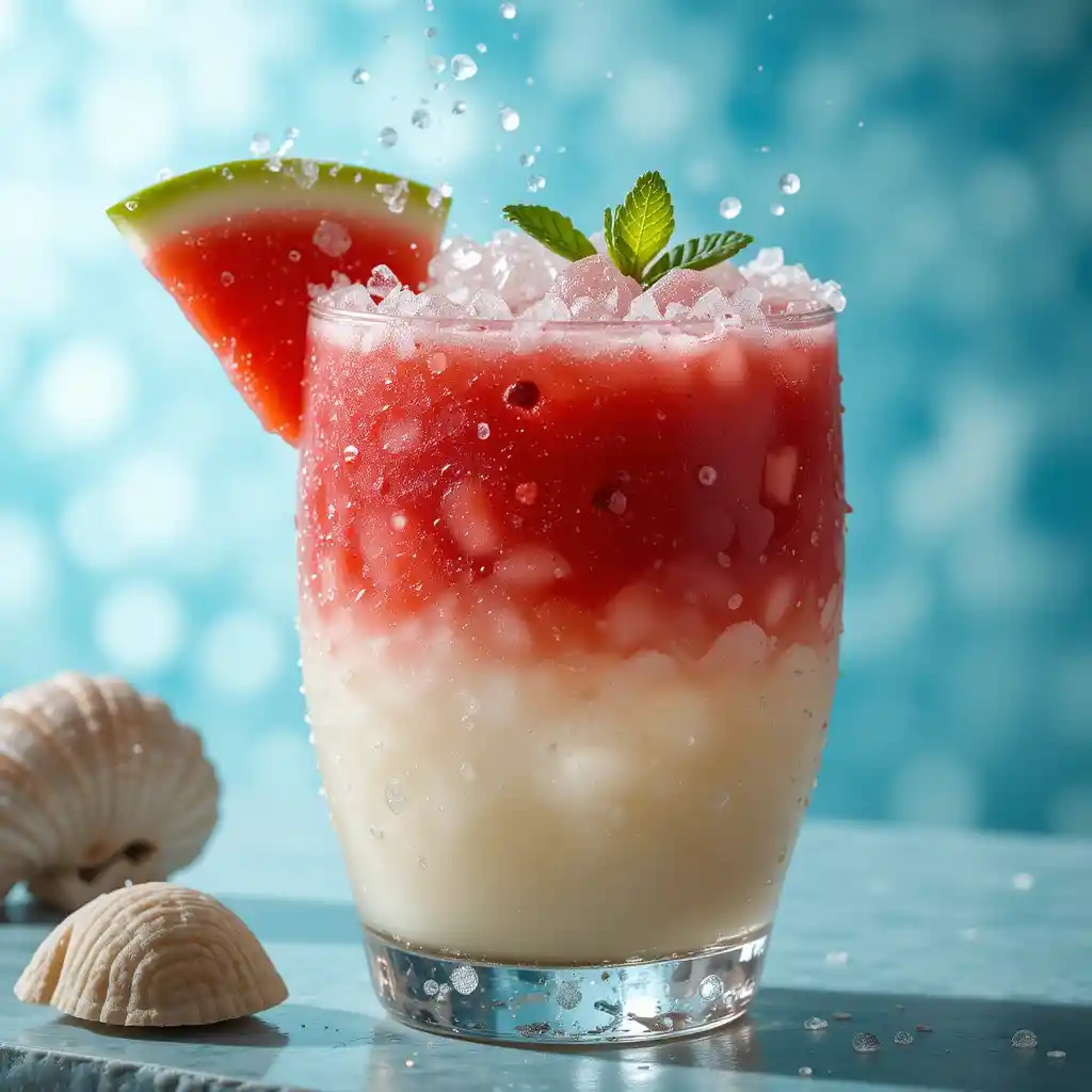 Layered watermelon smoothie in a frosty coupe glass