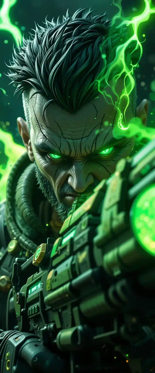 Anime close up of armored warrior with glowing plasma weapon
