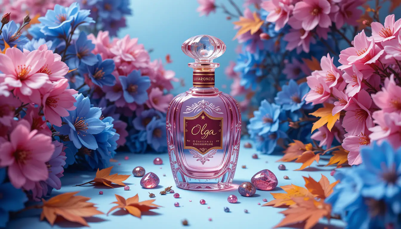 Pink crystal perfume bottle among blue and pink blossoms