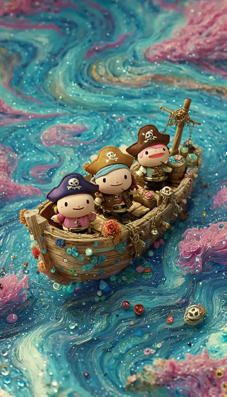 Chibi pirates in a wooden boat on a colorful sea
