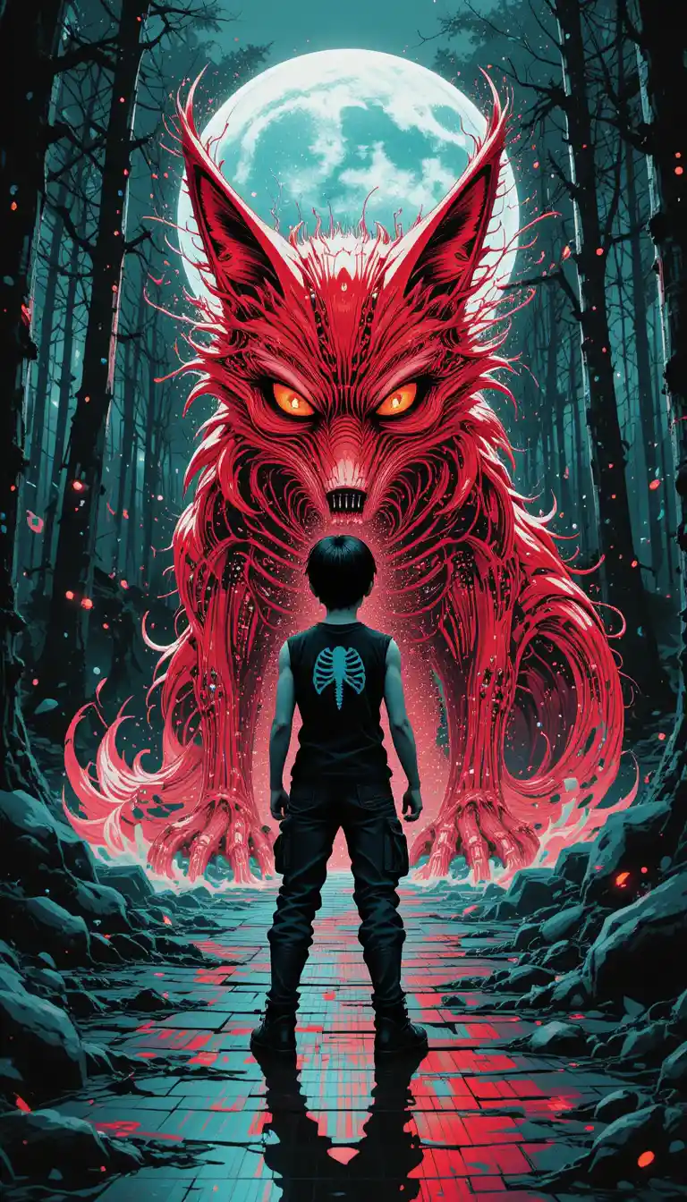 Anime boy facing a red fox data spirit in forest