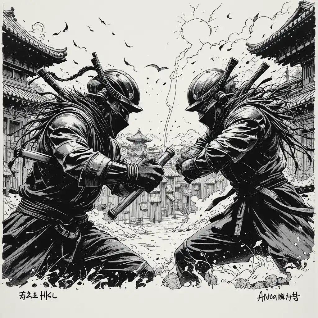 Ink portrait of two ninja warriors in combat
