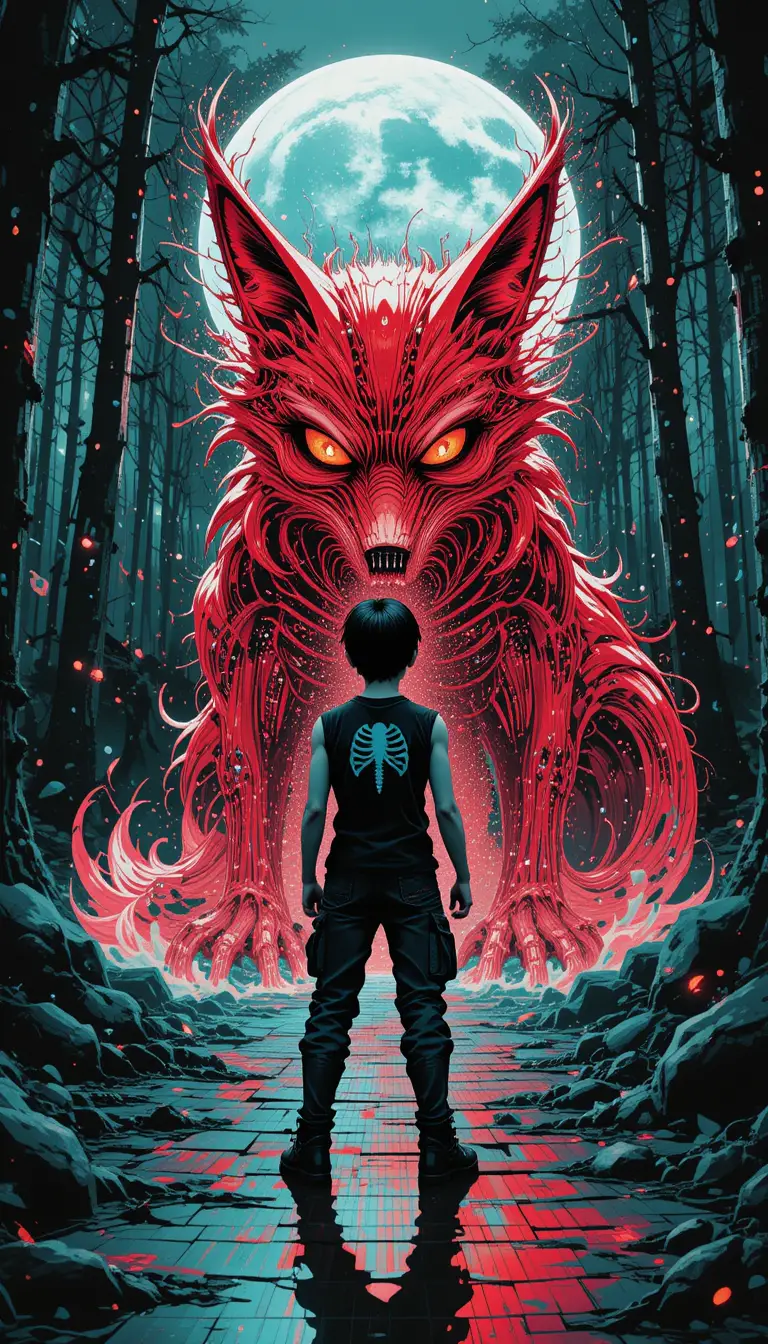 Anime boy facing a red fox data spirit in forest