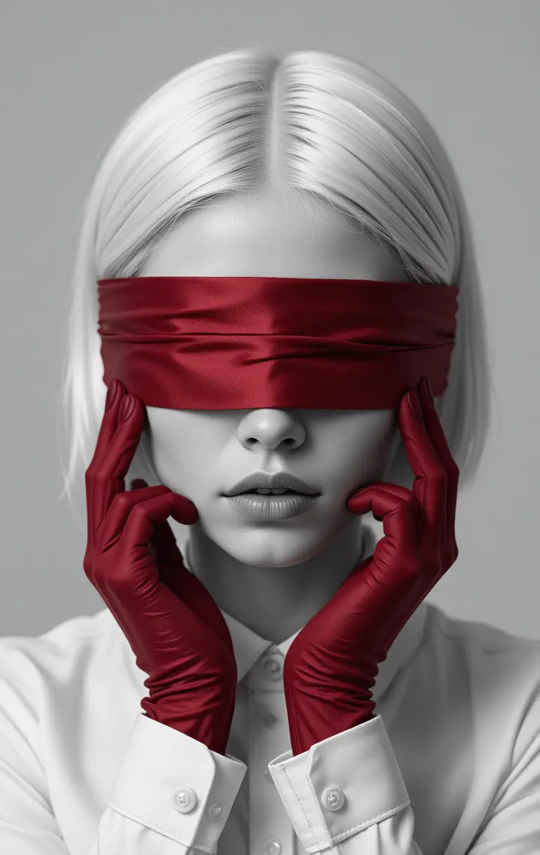 Black and white portrait of blindfolded woman with gloves