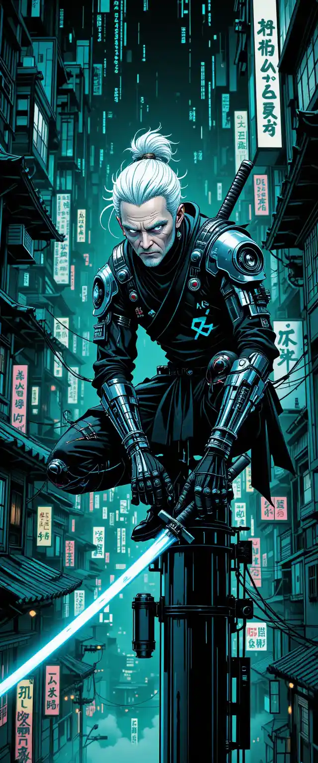 Neon punk elder ninja on a cyberpunk Kyoto rooftop