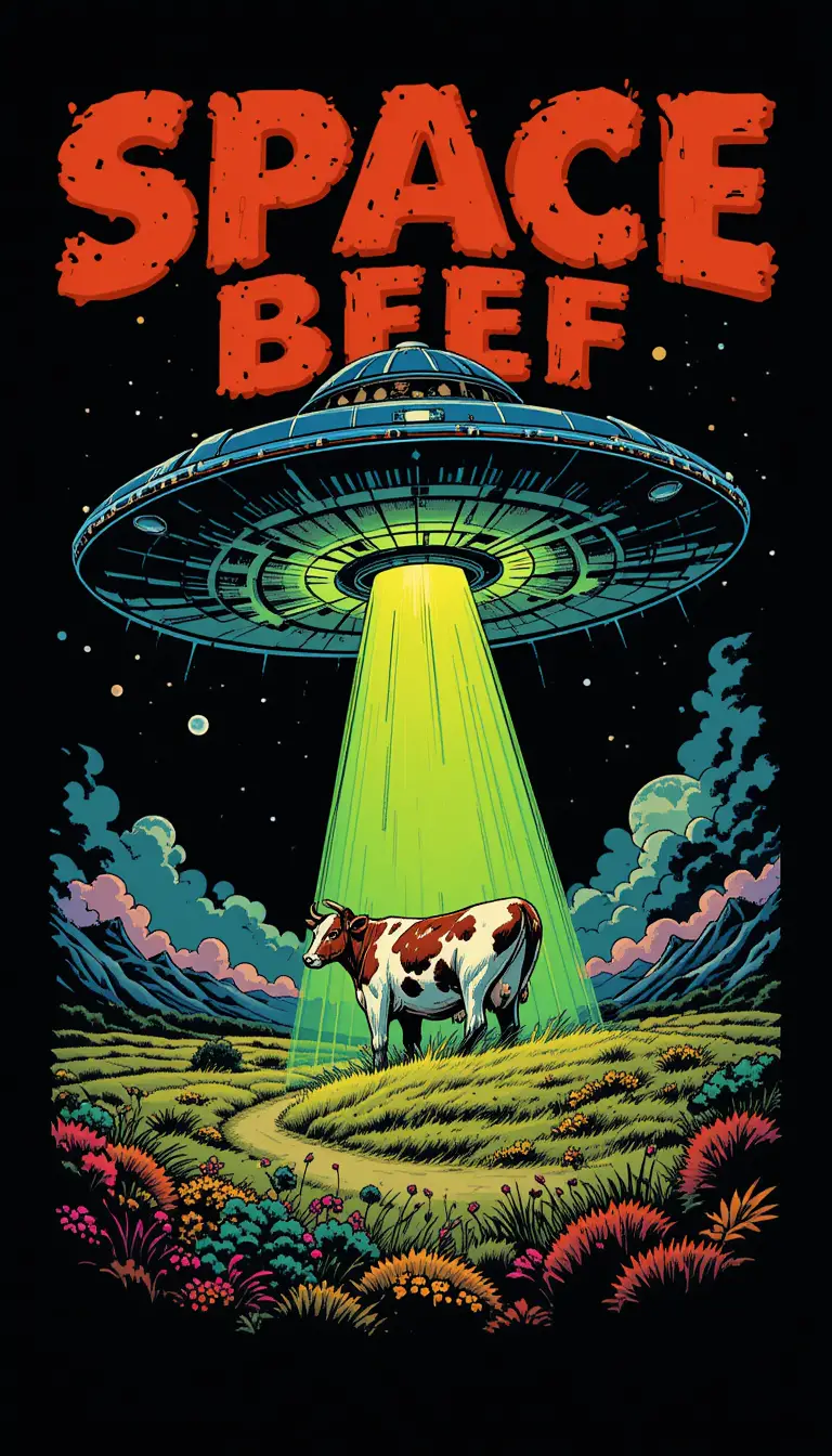 Retro comic flying saucer abducting cow in field
