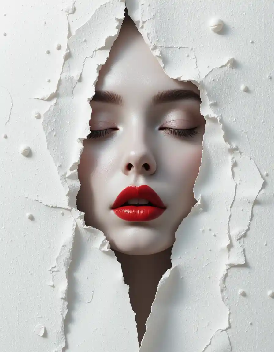 Minimalist 3D portrait of a pale woman with closed eyes