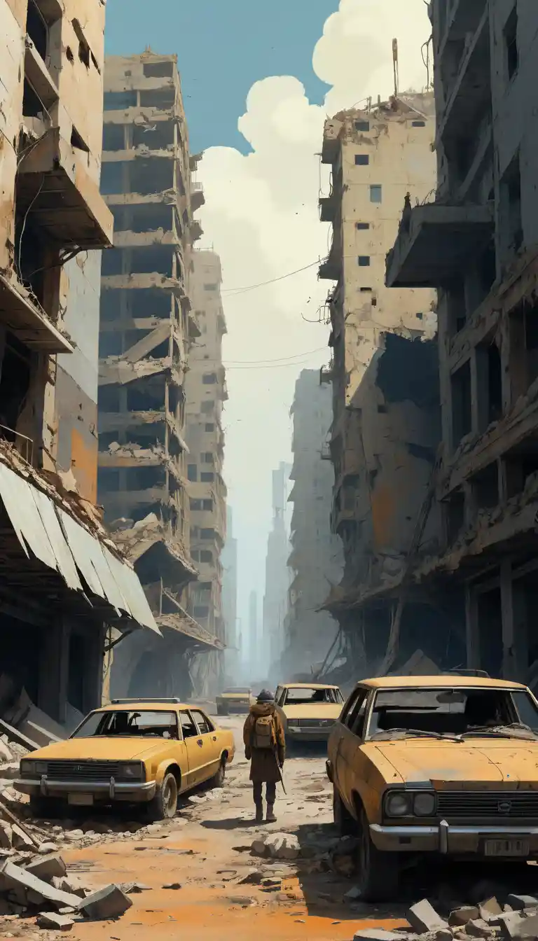 Child figures wander a ruined post apocalyptic cityscape