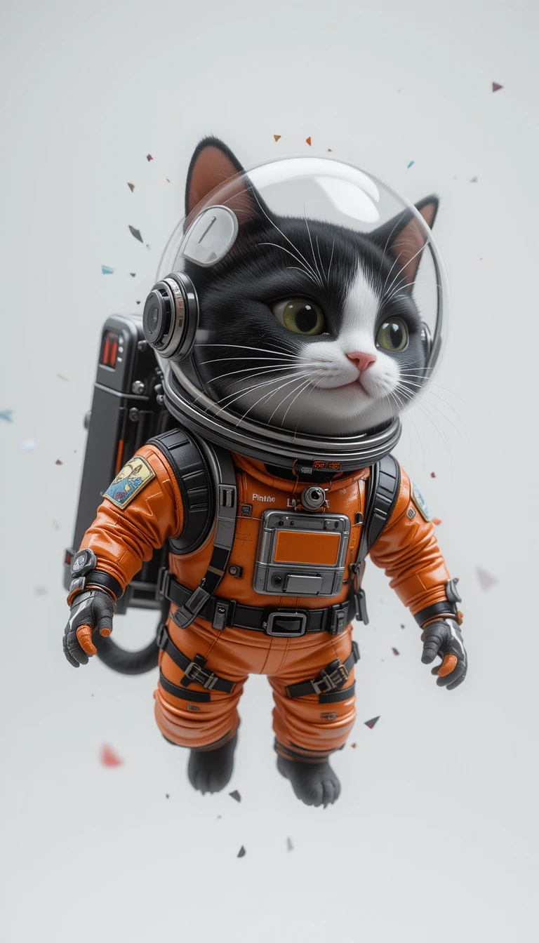 Gato 3D en blanco y negro con traje de astronauta naranja
