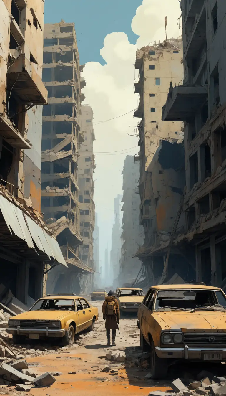 Child figures wander a ruined post apocalyptic cityscape