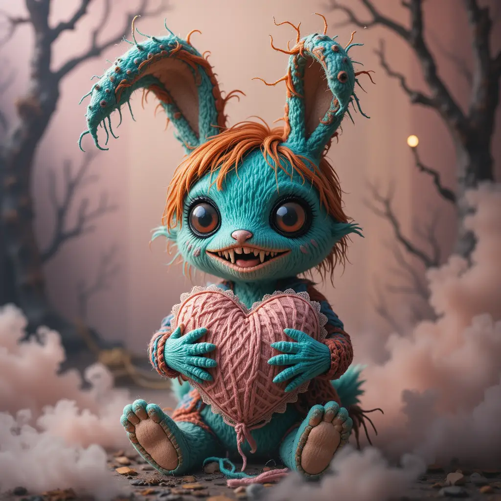 Cute monster rabbit plush holding a stitched heart pillow