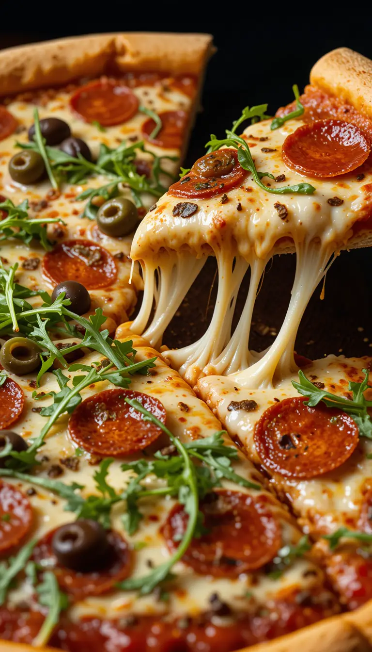 Close up of cheesy pepperoni pizza slice being lifted