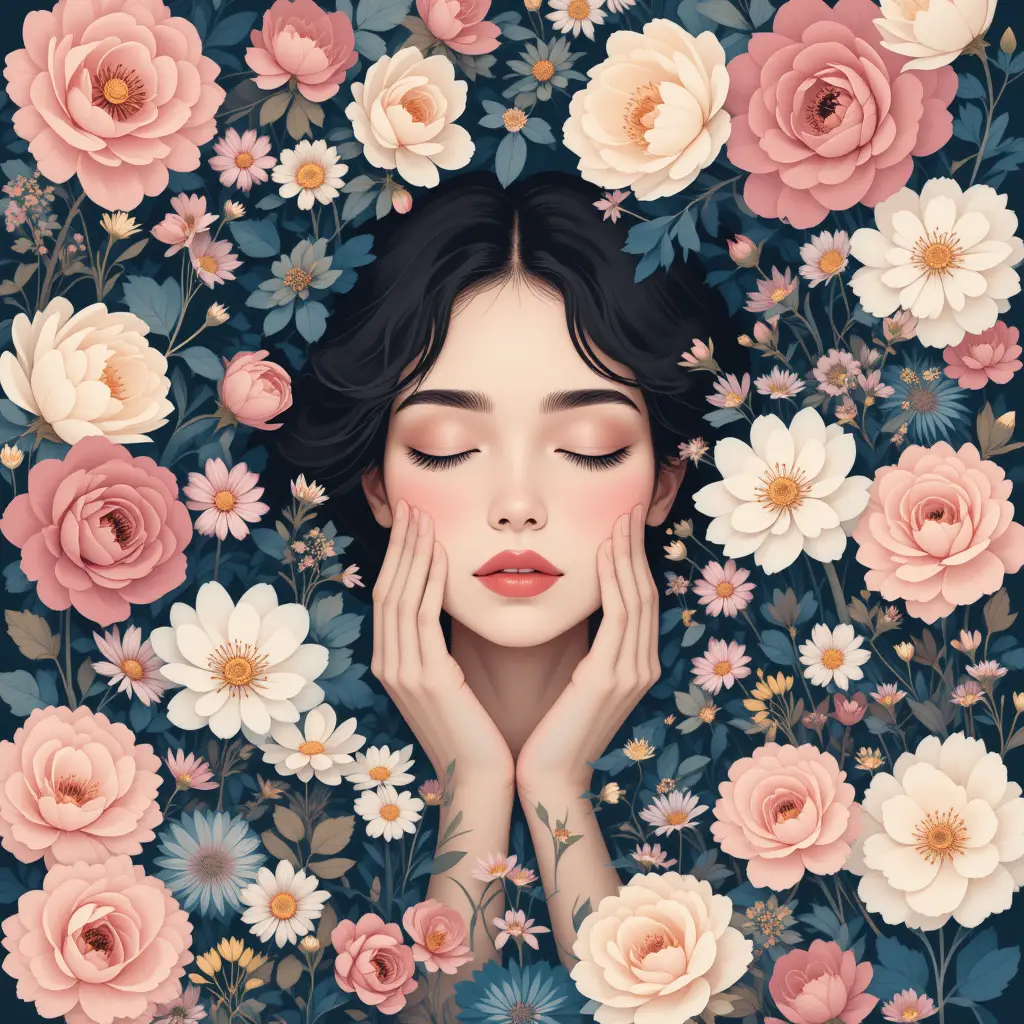 Woman peacefully submerged in dreamy pastel flowers