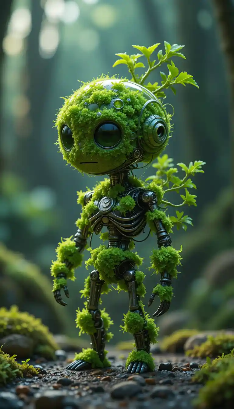 Cute sci fi moss and machine hybrid creature design