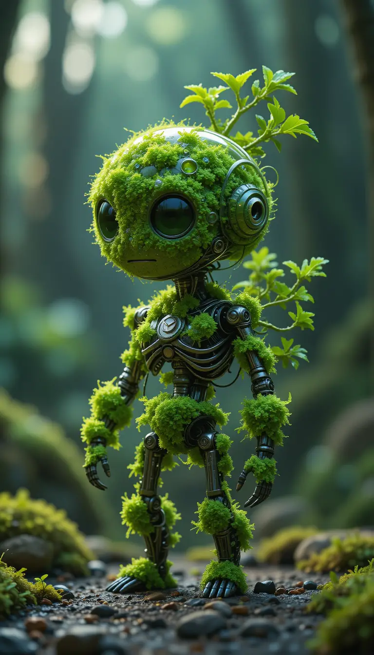 Cute sci fi moss and machine hybrid creature design
