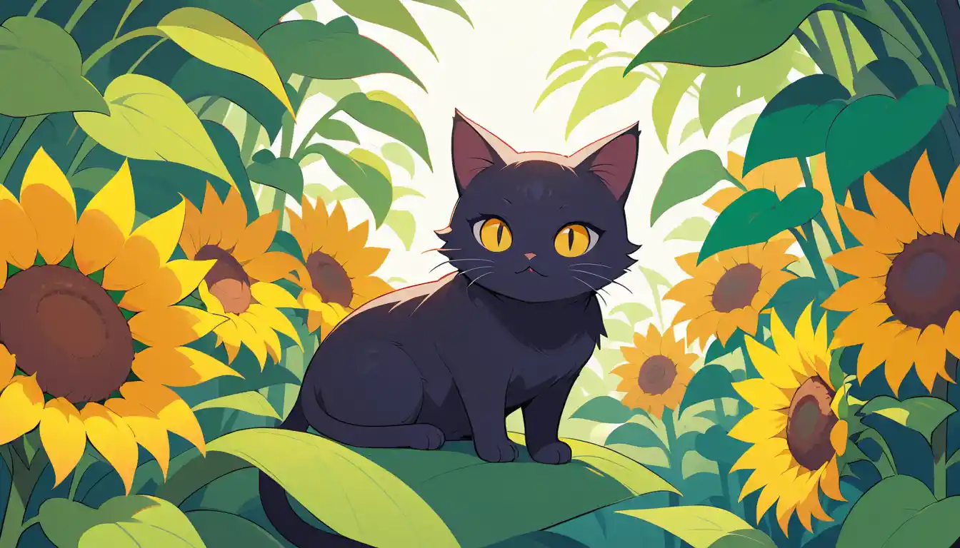 Black cat with sunflowers in a colorful cartoon illustration