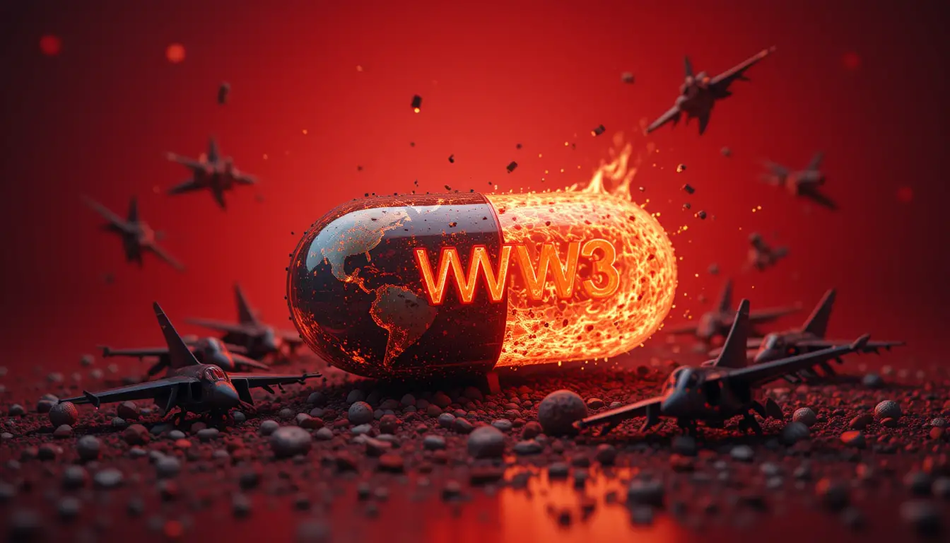 Vitamin capsule product photo with burning city background