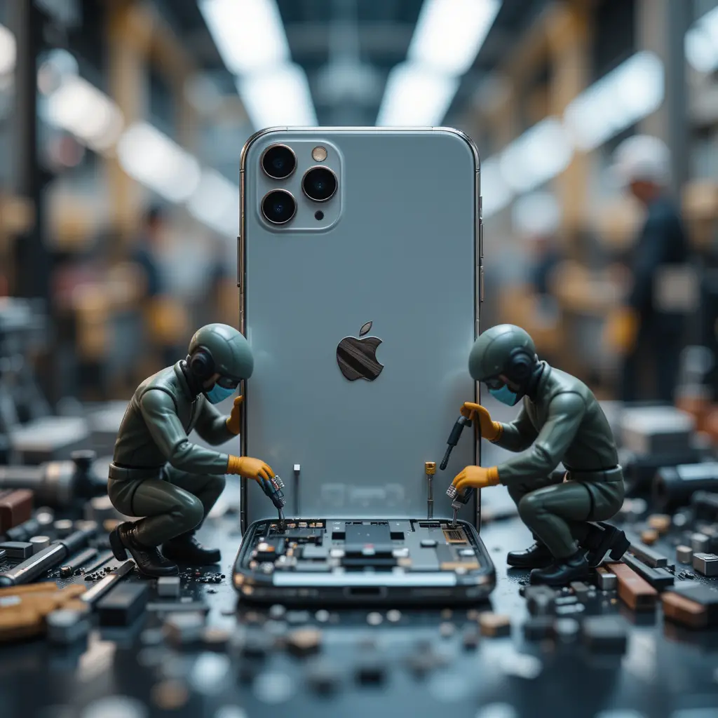Miniature technicians repairing a smartphone in factory scene