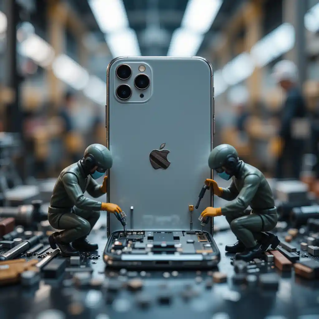 Miniature technicians repairing a smartphone in factory scene