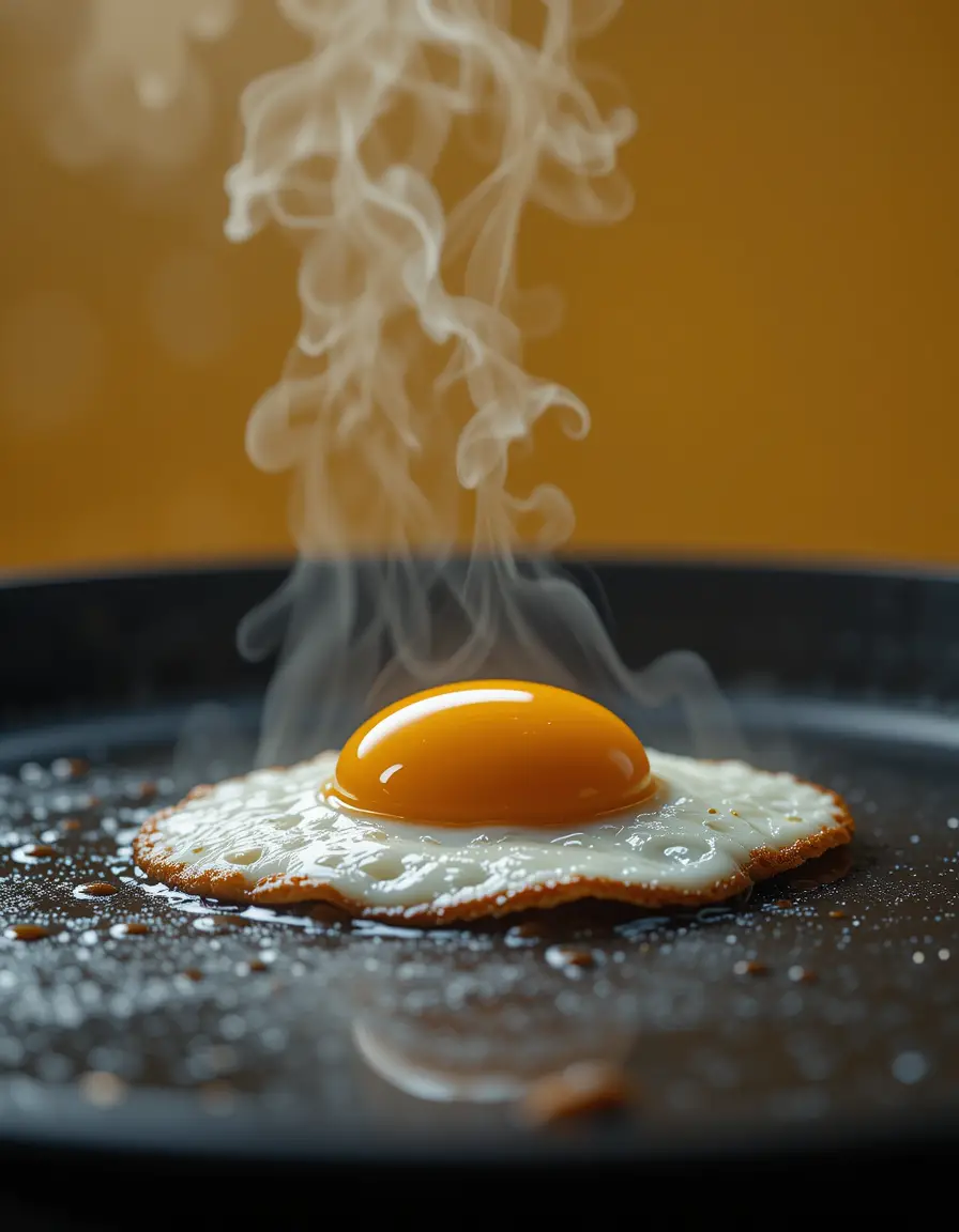 Cinematic close up of a fried egg on hot griddle