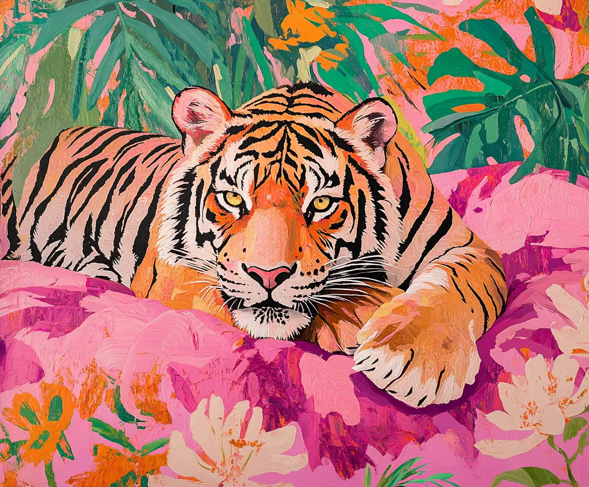 Tiger resting on a pink floral bed in the jungle