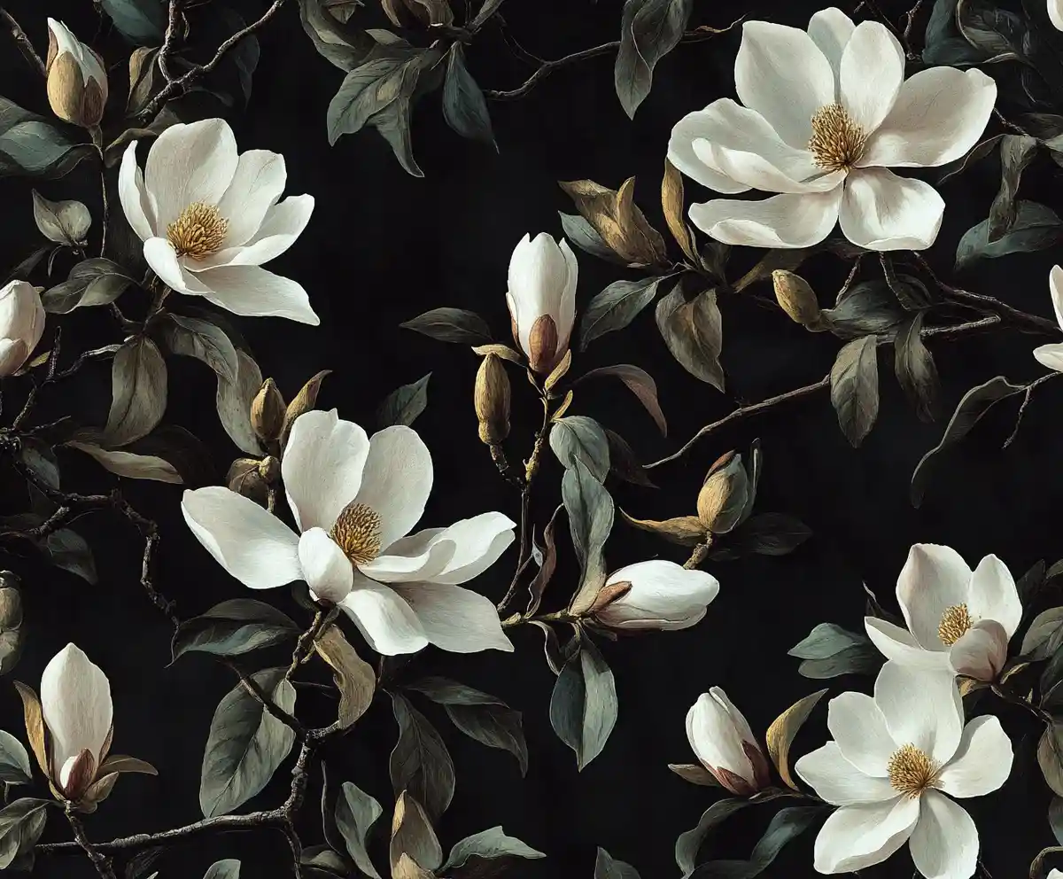 Dunkles Magnolien-Blumengemälde auf schwarzem Hintergrund