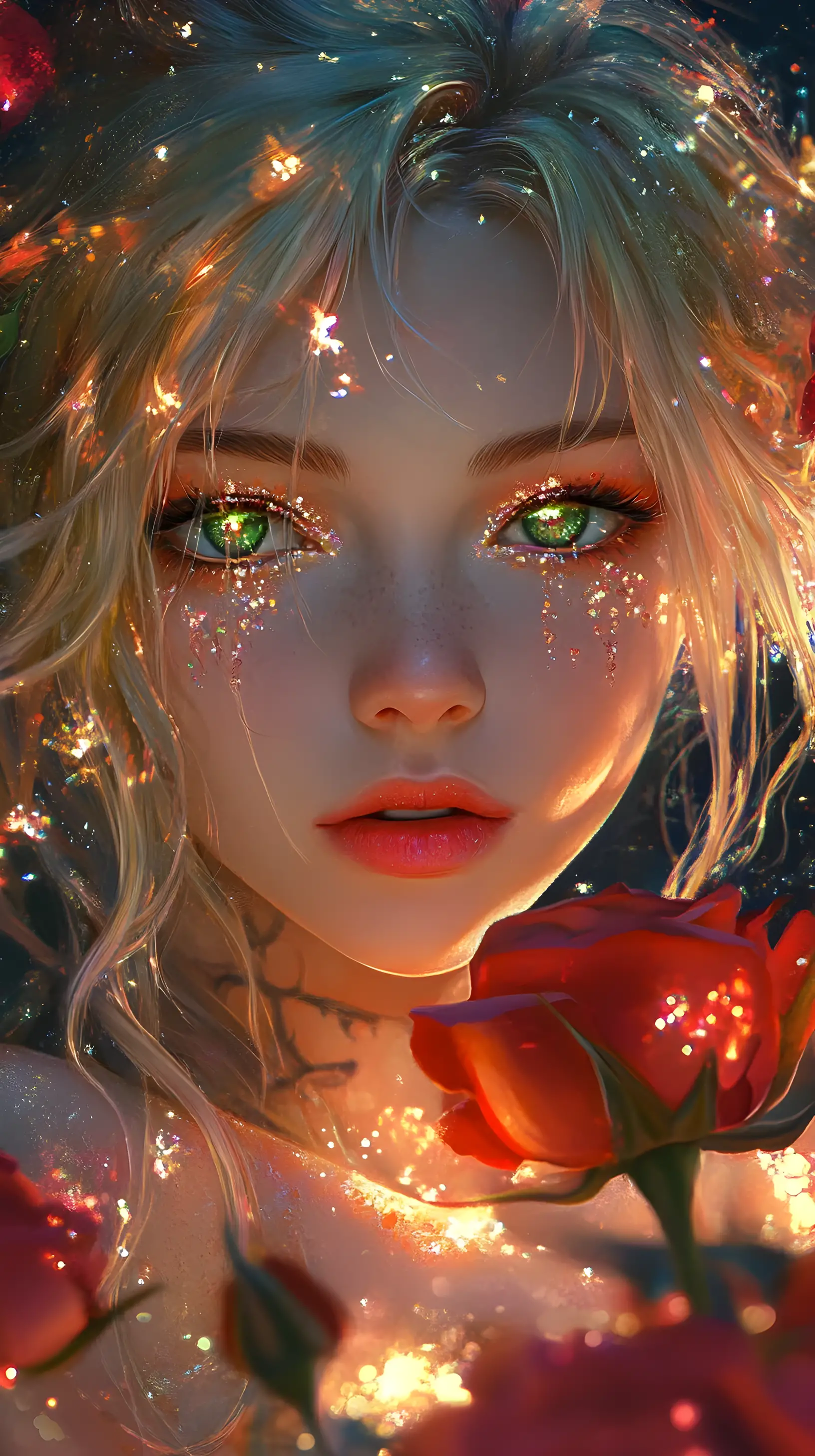 Vampire girl with green eyes holding sparkling roses