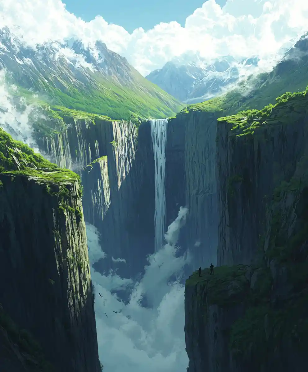 Perilous mountain pass with closing stone walls