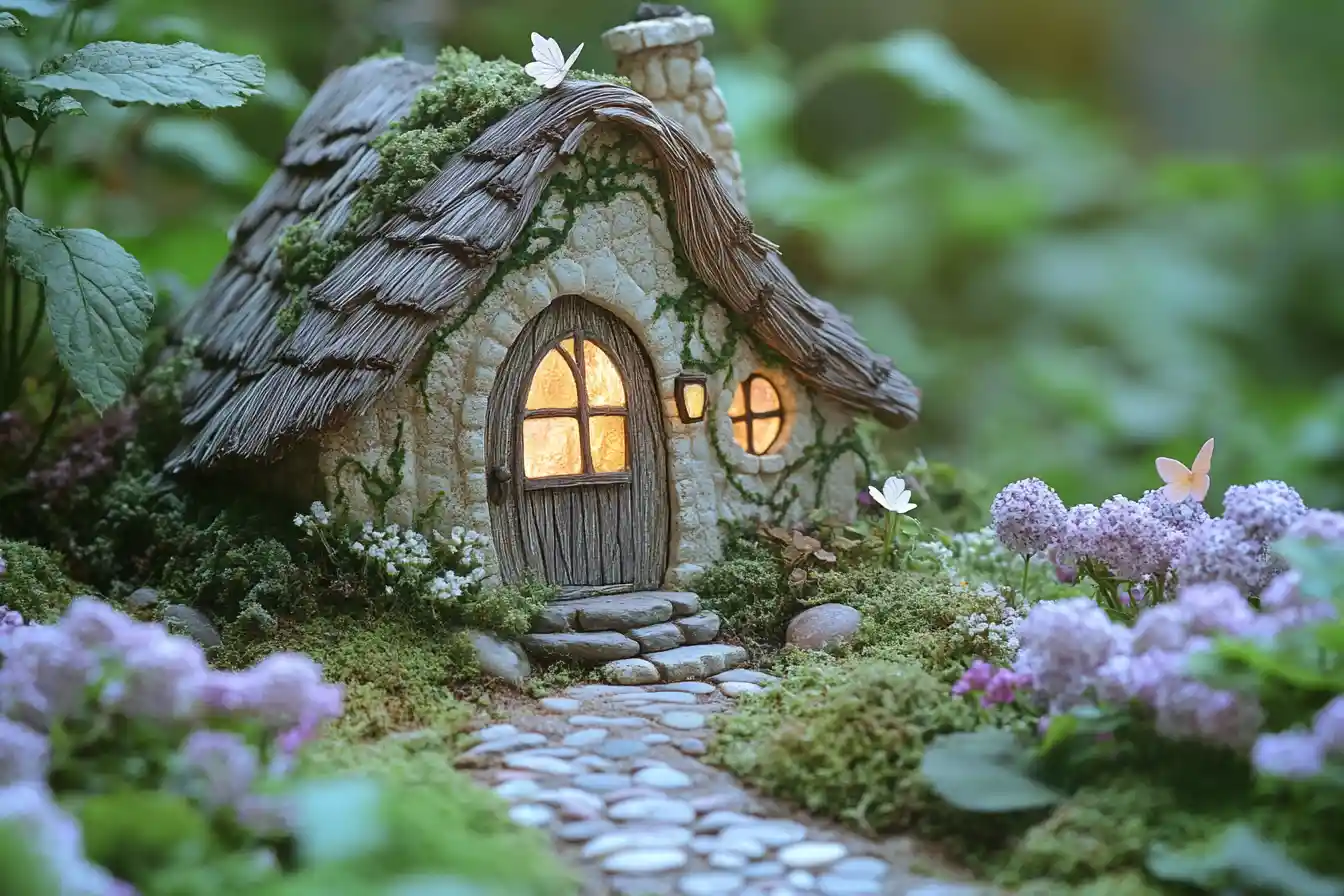 Tiny stone cottage in a dreamy pastel fantasy garden