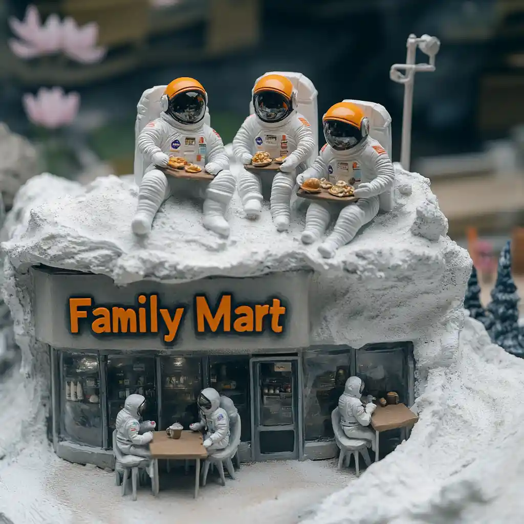 Astronaut family dining on a rooftop city cafe diorama