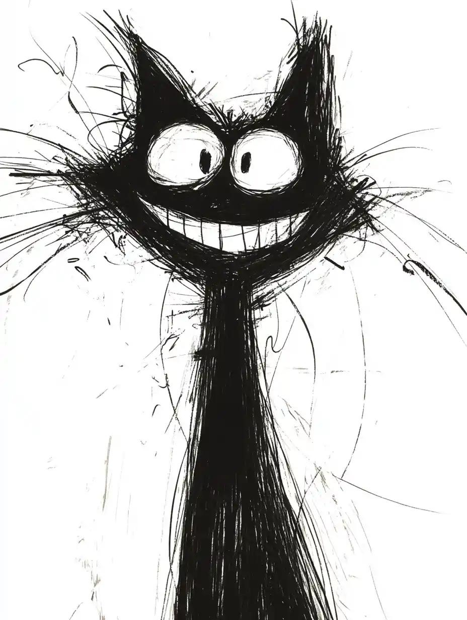 Happy scribble drawing of a cute tuxedo cat