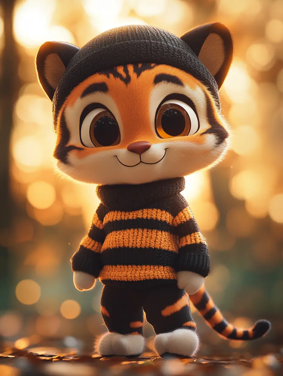 Dolce cucciolo di tigre 3D in stile cartoon che cammina in una foresta luminosa