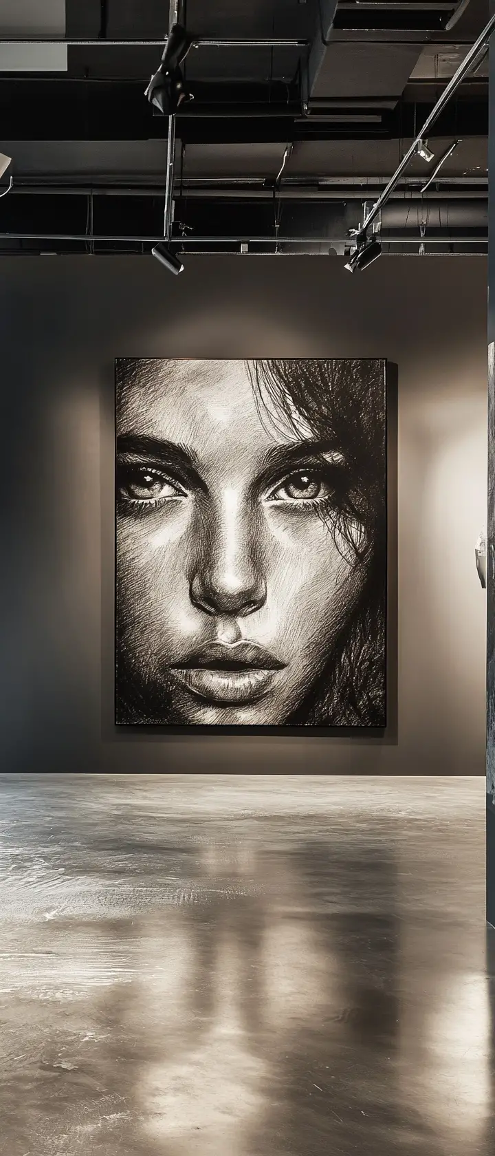 Black and white pencil portrait in a modern exhibition hall
