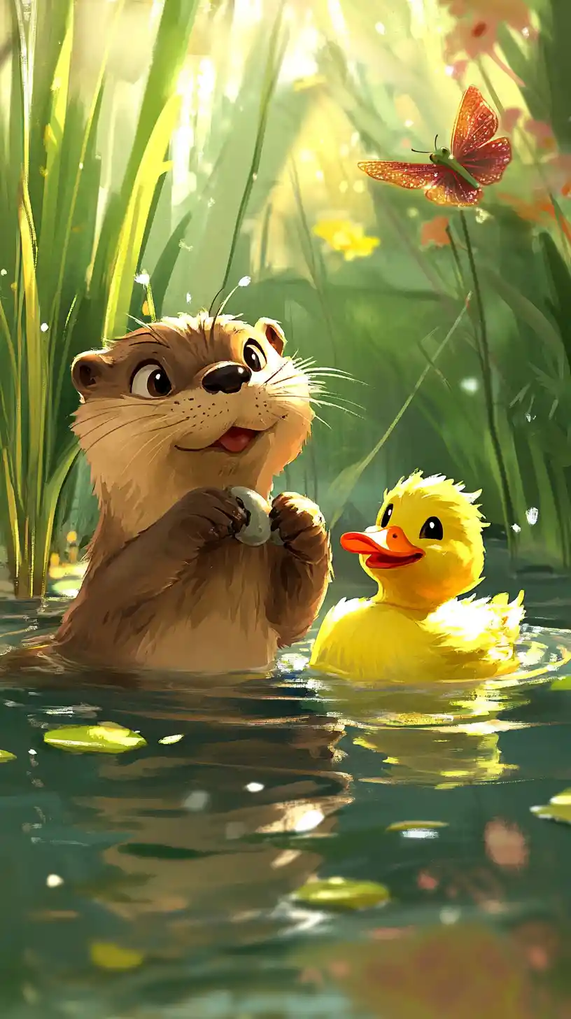 Playful otter and duck in a sunny cartoon pond