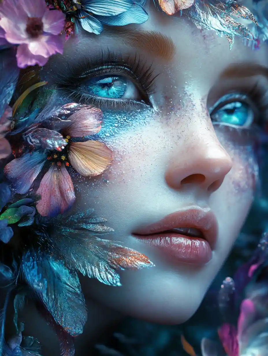 Fantasy elf woman with floral face and feathered lashes