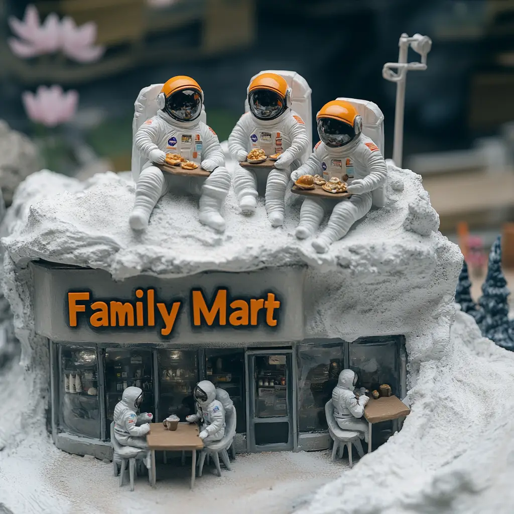 Astronaut family dining on a rooftop city cafe diorama