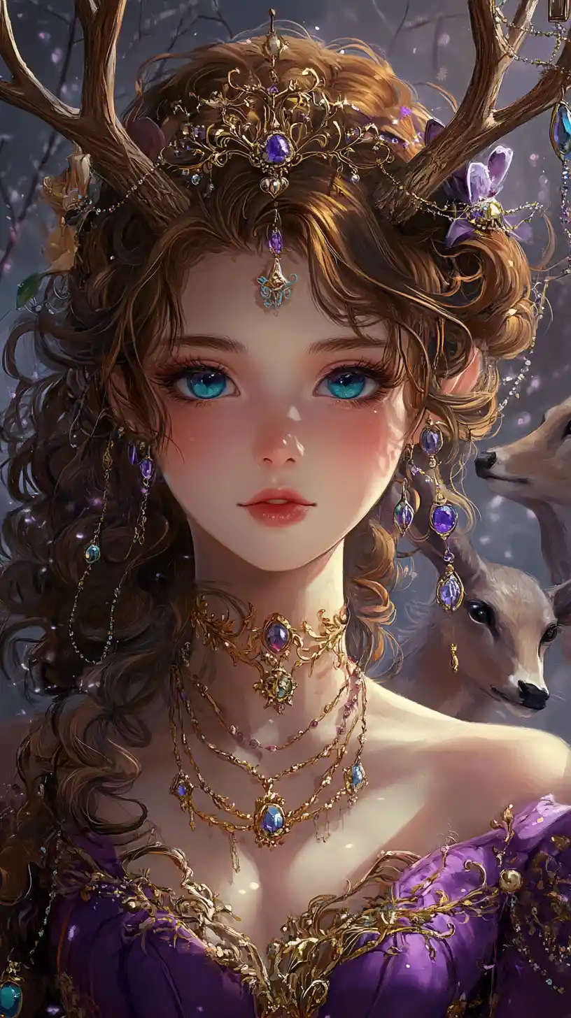 Antlered anime girl in purple gown among gentle deer